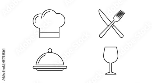 Chef hat cutlery cloche and wine glass icons for restaurant or food industry