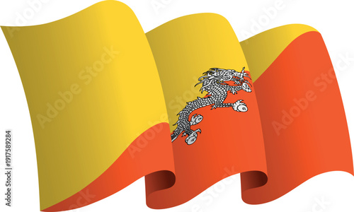 Flag of Bhutan. Ribbon style flag that conveys a sense of movement and waving effect