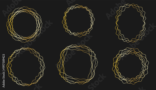 Gold 3d circle wave frame. Golden metal ring with glowing effect as oval abstract border. Vector line luxury circular outline design element. Simple vector flat