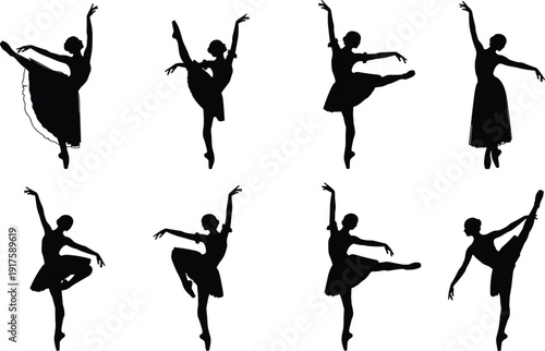 Elegant Ballerina Silhouettes Vector Collection Featuring Graceful Ballet Dancers in Artistic Poses Tutu Skirts and Pointe Shoes for Classical Dance and Performing Arts Design Projects