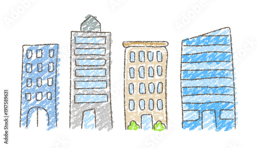 クレヨンタッチの手描き風ビル群イラスト ベクター素材
