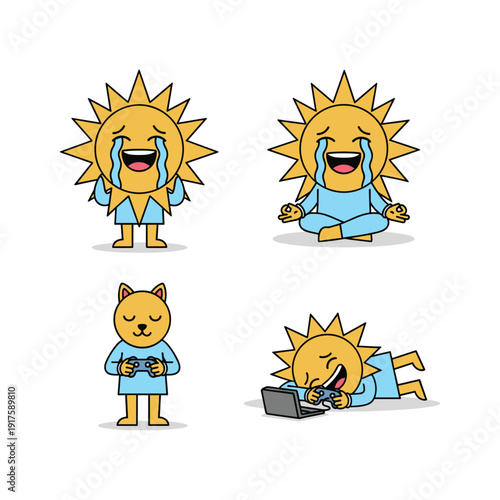 Cartoon sun and cat characters showing sadness and depression in various poses