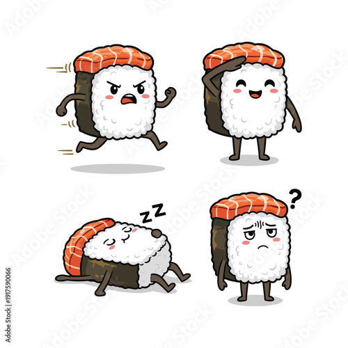 Cute cartoon sushi characters with different emotions on white background