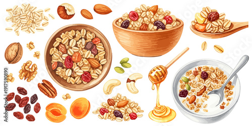 グラノーラとナッツ、ドライフルーツのイラスト素材セット（オートミール・ハチミツ・ヨーグルト）,朝食,ヘルシー