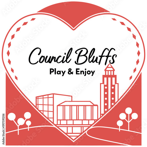 Council Bluffs Modern City Landmark Heart Badge with Play and Enjoy Text