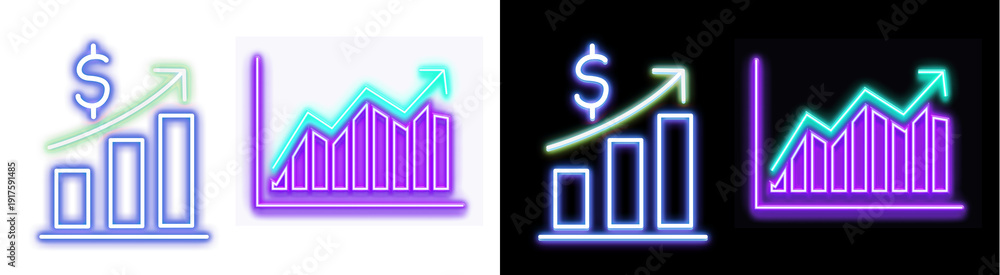 Naklejka premium PNG image of&nbsp;Vibrant neon glowing bar chart designs illustrate significant financial growth and increasing investment trends on transparent background