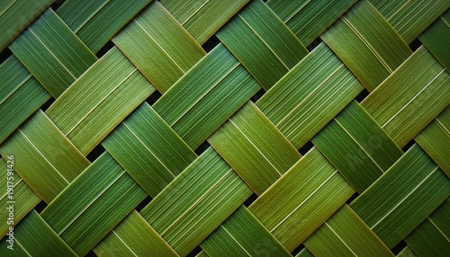 A close-up view of a woven green pattern made from natural fibers