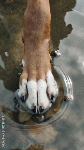 Close-up of a dog's paw in the water, exploring