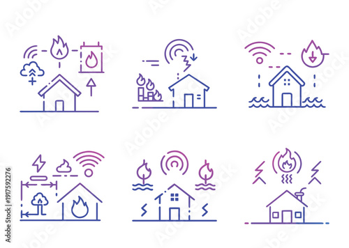 Icons depicting various natural disasters impacting homes with wireless connectivity