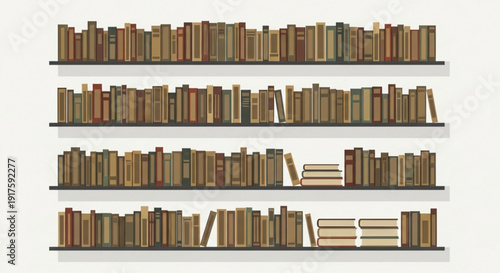Illustration of a large collection of books on four wooden shelves with some lying down against a plain white background symbolizing organization and learning