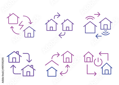 Six different smart home concept icons showing home networking and automations