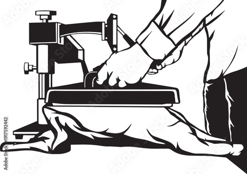 Heat press machine printing T shirt fabric transfer application tool equipment icon vector black and white