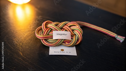 Intricate braided knot with the word Integration, presented in warm golden light on a dark surface