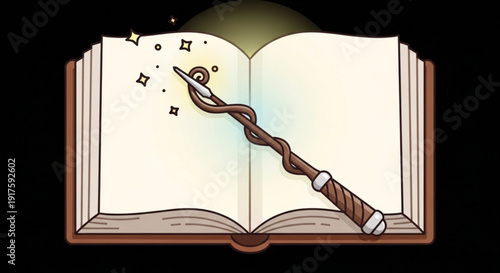 Magical open book with glowing wand casting spells on pages in darkness