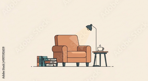 Cozy living room corner with brown armchair floor lamp side table and book stack warm home interior