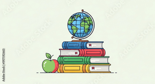 Colorful stack of books with globe on top and apple beside symbolizing education and learning