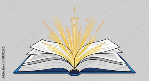 Open book with glowing light rays bursting from pages on gray background symbolizing knowledge and inspiration