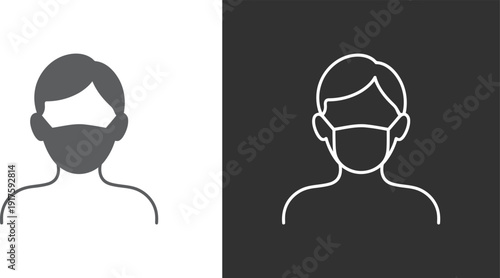 Two minimalist illustrations depict a male and female figure wearing masks on contrasting backgrounds from a straightforward viewpoint