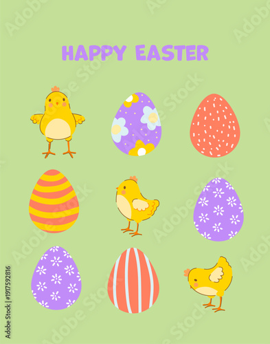 Easter chicks and eggs spring vector on green background. Cute yellow chickens with colorful decorated eggs and Happy Easter text