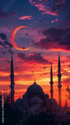 Ramadan Crescent Moon Above Grand Mosque Silhouette at Dramatic Sunset Sky