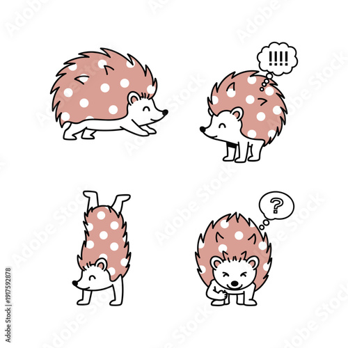 Cartoon hedgehog character set with different emotions and expressions on white background