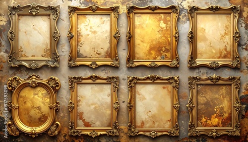 Gilded, ornate picture frames against a distressed wall, arranged in a grid, evokes historical richness