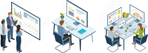 Isometric business analytics dashboard illustration, team analyzing financial data charts, corporate office workplace, performance monitoring vector design concept