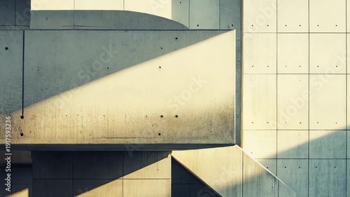 Concrete brutalist building walls with strong lines and bold geometric shapes, dramatic sunlight and shadows creating a minimalist, textured urban architectural abstraction