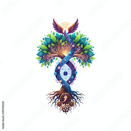 Vibrant Tree of Life Illustration Featuring Interconnected Roots and Wings, Representing Harmony and Balance, Gemini Generated Image Concept
