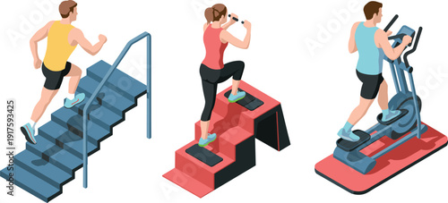 Isometric fitness workout illustration, cardio training stairs, step platform exercise, elliptical machine, healthy lifestyle gym vector concept design