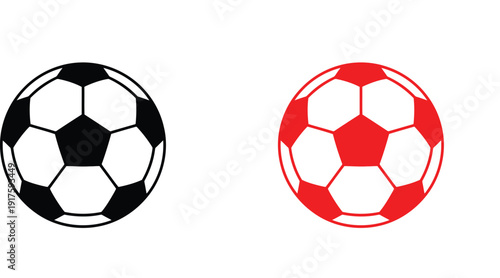 Two soccer balls, one black and white, the other red, illustrated side by side on a plain background from a direct viewpoint