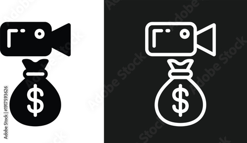 A professional film camera and a money bag with a dollar sign on it, representing film production costs and financial investment in the film industry.
