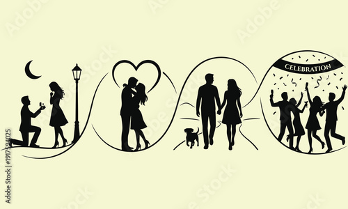 The enduring journey of love relationship milestones and joyous celebration in silhouette art