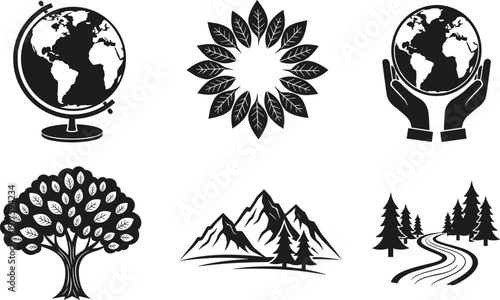Environmental and Nature Conservation Icon Set with Globe, Tree, Mountains and Forest Road, Black Vector Illustration for Eco Friendly Sustainability Design