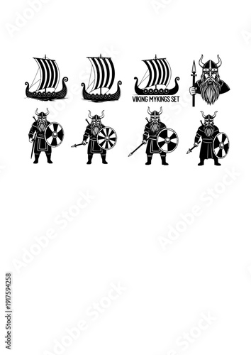 Viking Norse Vector Set - Black Silhouette Illustrations, Longship Graphics, Norse Mythology , Viking Warrior Design Elements
