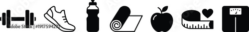 A collection of essential fitness and healthy lifestyle icons for promoting well being and active living
