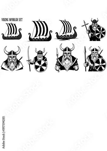 Viking Norse Vector Set - Black Silhouette Illustrations, Longship Graphics, Norse Mythology , Viking Warrior Design Elements