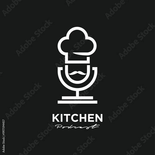 Kitchen Podcast Logo with Minimalist Chef Hat and Microphone Icon on Dark Background
