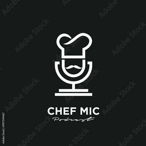 Chef Mic Podcast Logo with Culinary Chef Hat and Mustache on Microphone Design