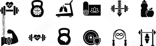 A comprehensive collection of health and fitness glyph icons representing various wellness concepts