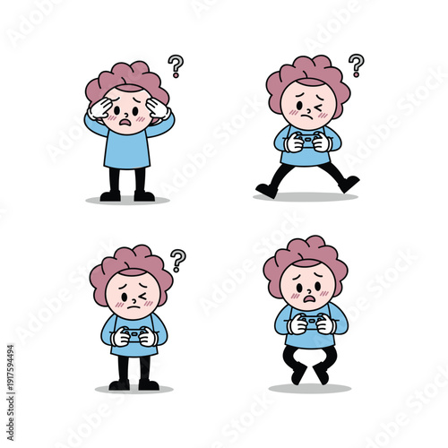 Confused cartoon woman using smartphone with question marks in different poses