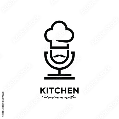 Minimalist Kitchen Podcast Logo Design with Chef Hat, Mustache, and Microphone Icon