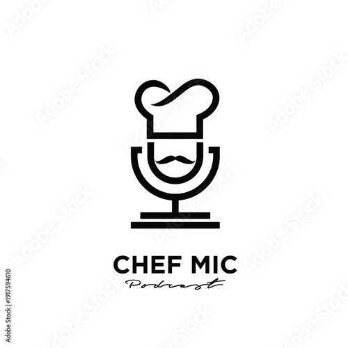 Chef Mic Podcast Logo Design with Hat, Mustache, and Microphone Icon