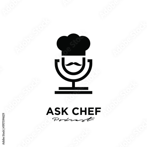 Ask Chef Podcast Logo Featuring Stylized Chef Hat, Mustache, and Microphone Icon