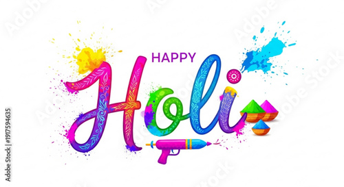 Vibrant holi celebration text with colorful paint splatters and water gun on white background
