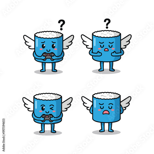 Cartoon blue cup characters with different emotions and question marks on white background