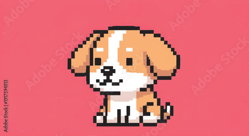 Adorable Pixel Art Puppy Dog Character Isolated on Pink Background