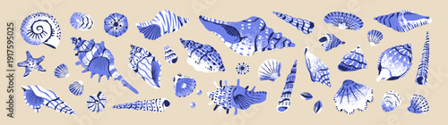 Set of blue seashells with different shape. Tropical sea shells. Various conches of mollusks and clams of the ocean. Mussels, cockleshells, scallops and cockles. Flat isolated vector illustrations