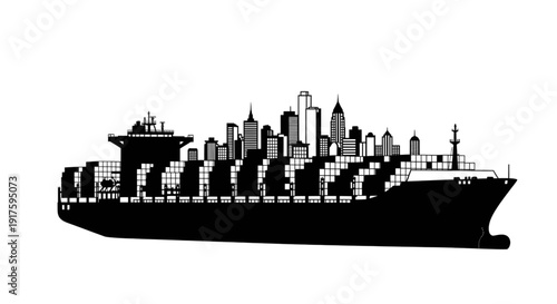 Silhouette of a large container ship carrying a city skyline representing global trade and urban development