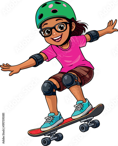Young girl skateboarding with safety gear and confident smile